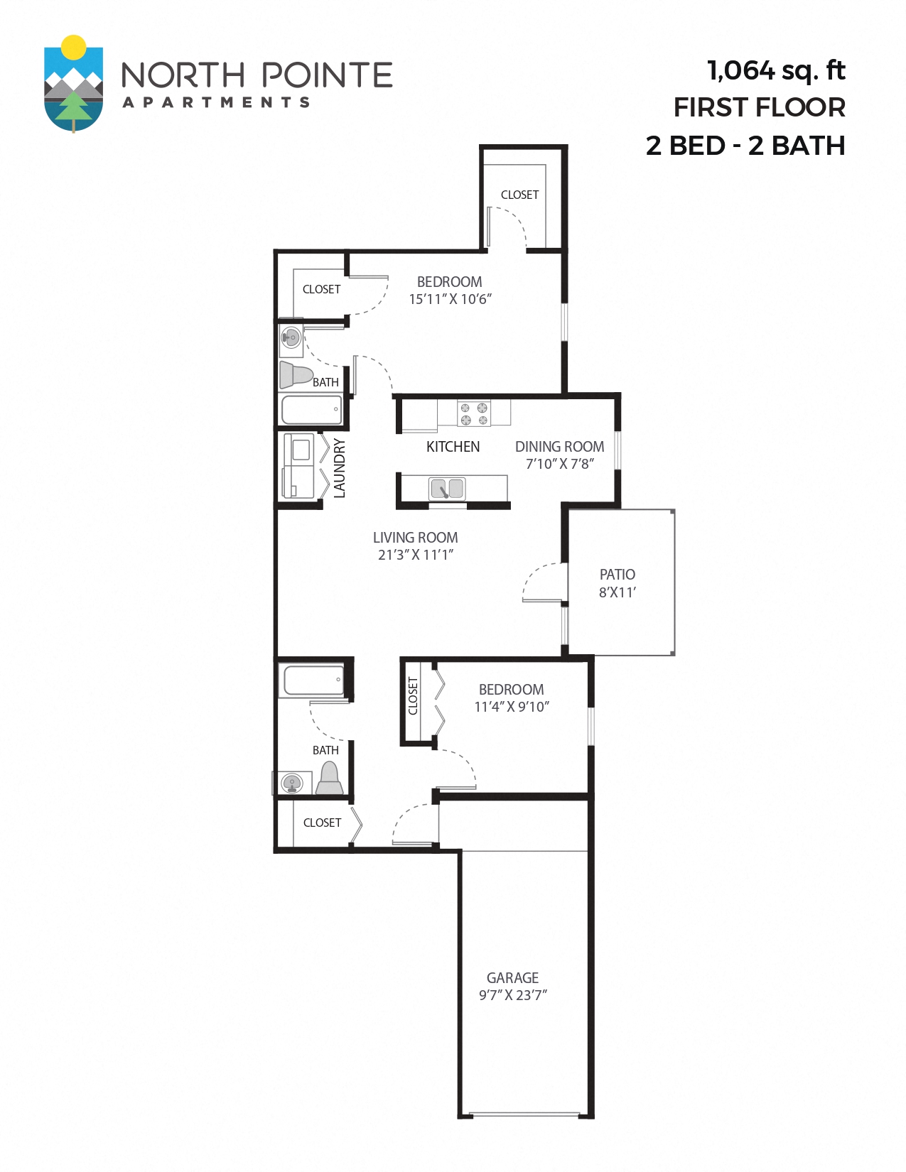 Floor plan for 2 beds, 2 baths, 1064 sqft